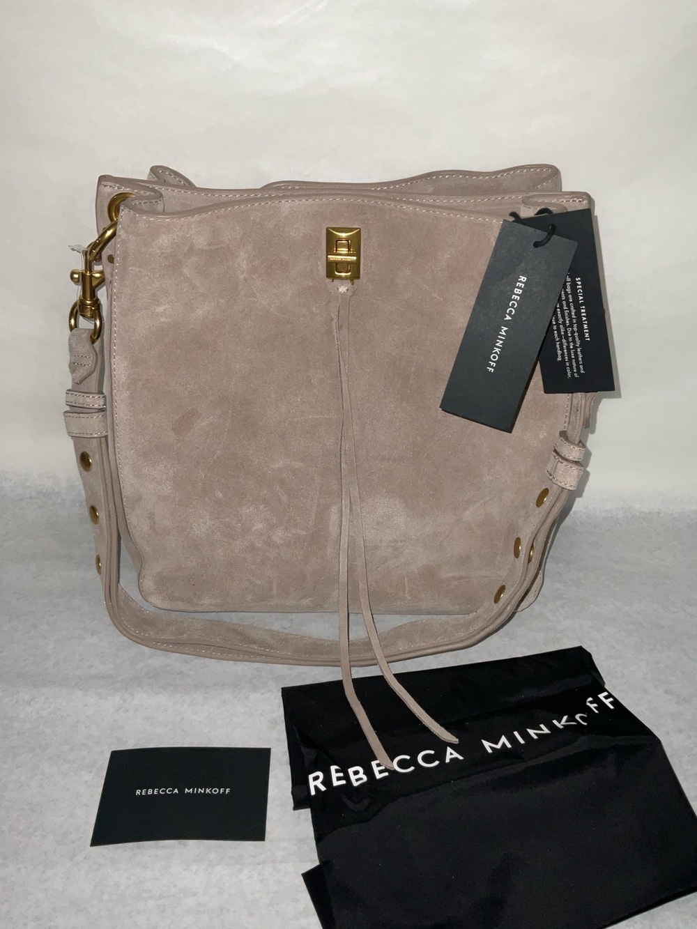 Rebecca Minkoff Blush Suede Shoulder Bag with Tassel and Gold Hardware